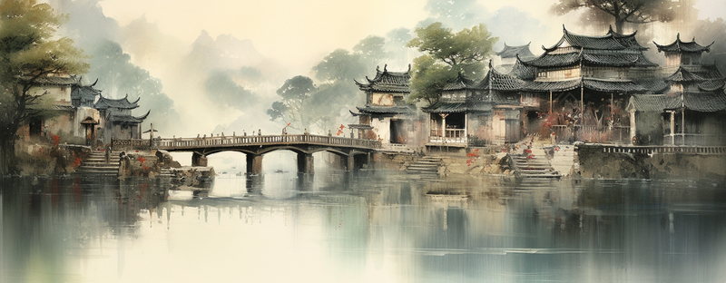 绿色小桥流水房屋中国风背景插画,插画/手绘图,插画/手绘图库,插画/手绘图下载,插画/手绘
